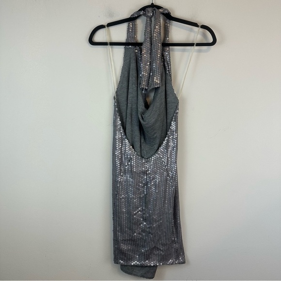 BCBG Maxazria | Silver Sequin Halter Neck Low Back Mini Dress Size Medium NWT - Picture 3 of 5